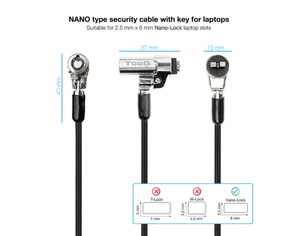 TooQ Cable Lock de Seguridad Tipo NANO con Llave para Portátiles 1.5m Gris