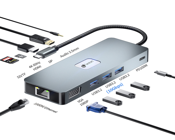 Leotec LEDS03 Docking Station 11 en1 Plus USB-C PD 100W / HDMI 4K / VGA / DP / USB 3.2 / RJ 45 / MSD