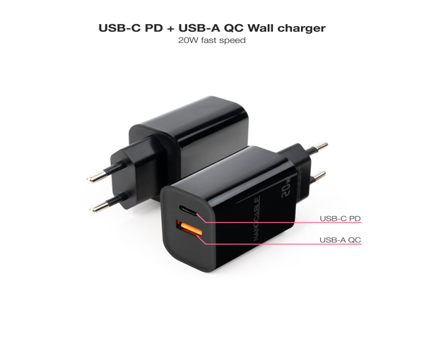 Nanocable Cargador Adaptador USB-A y USB-C 20W Negro