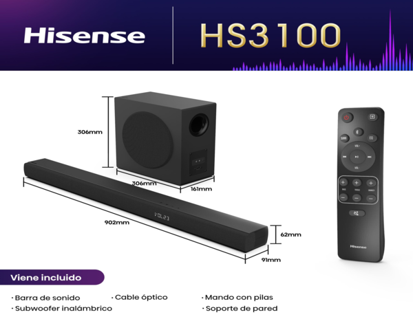 Hisense HS3100 Barra de Sonido 3.1 con Dolby Audio y DTS Virtual